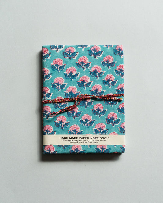 Handmade paper notebook with floral pattern on a gray background