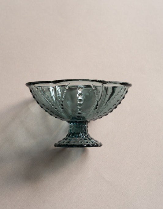 Snackschaal met korte steel, gekleurd glas, retro