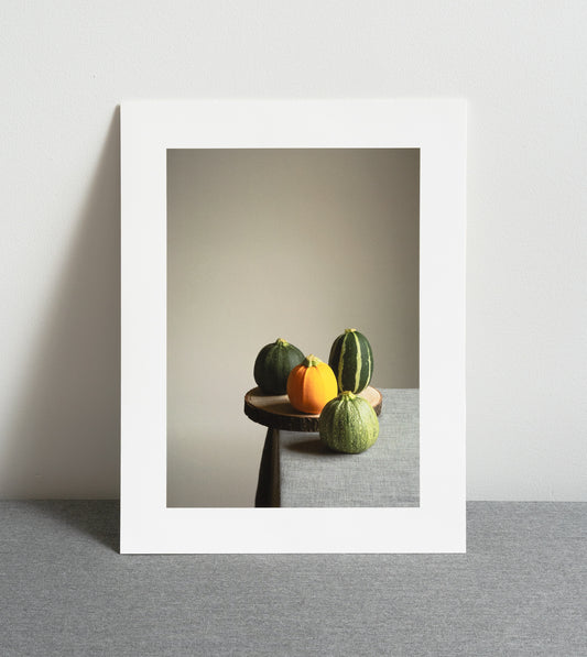 Courgette Family, fine art photography print by Krati, food still-life on Hahnemühle Photo Rag Pearl Paper